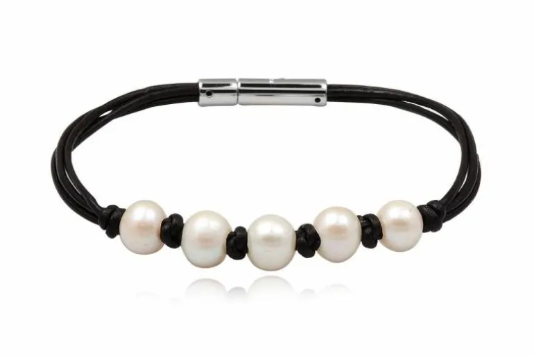 3 dobbelt læderarmbånd med ferskvandsperler - 19cm