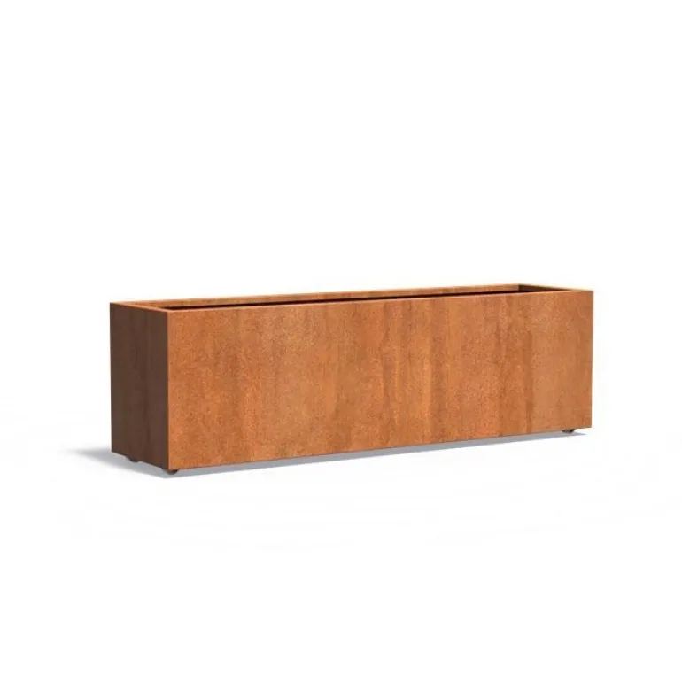 Aflang plantekasse i corten stål med hjul - H.60cm