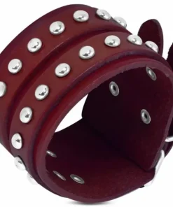 Bredt læderarmbånd med nitter - rød+petroleum+oliven