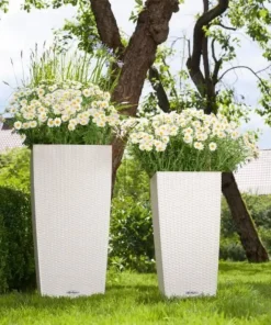 56cm + 75cm hvide krukker i polyrattan med selvvanding / OUTLET - 5stk