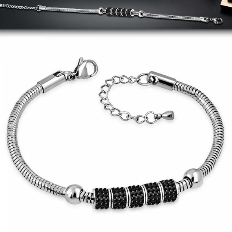 DeLuxe Stålarmbånd med sorte zirkon charms