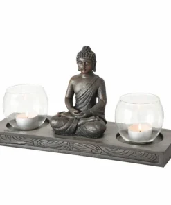 Dobbelt Buddha lysestage med 2 lysglas