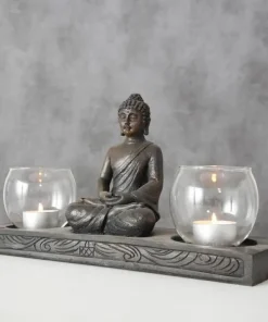 Dobbelt Buddha lysestage med 2 lysglas