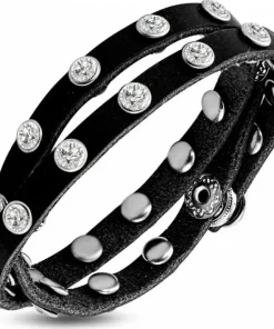 Dobbelt læderarmbånd med zirkoner - sort+brun