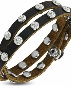 Dobbelt læderarmbånd med zirkoner - sort+brun
