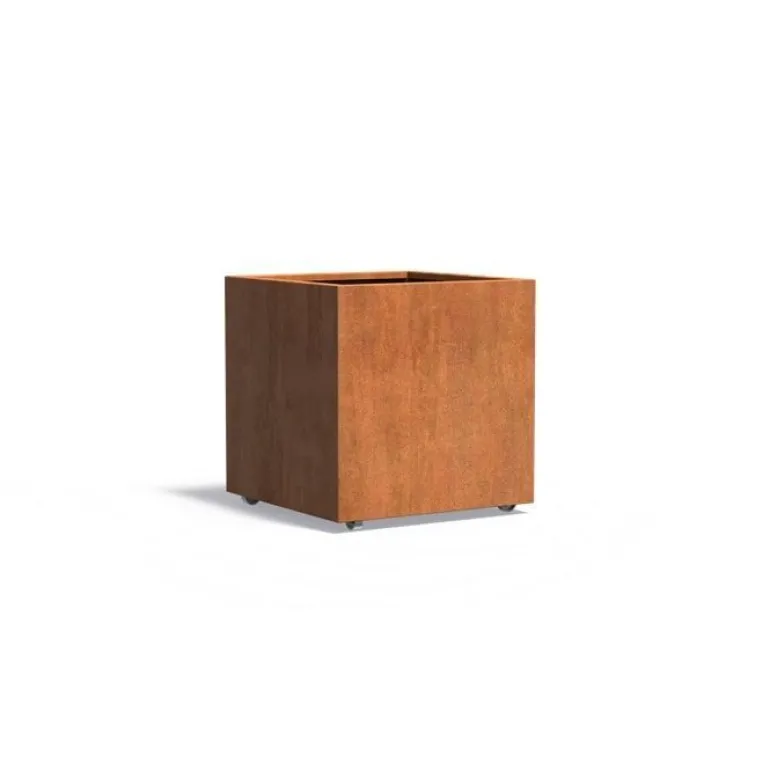 Firkantet krukke / plantekumme i corten stål med hjul - H.80cm