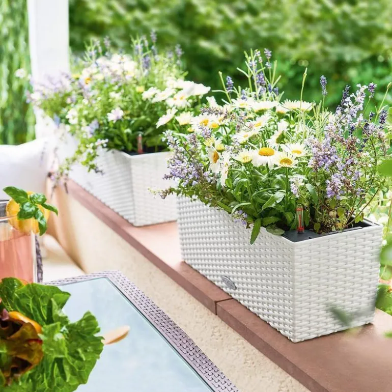 Hvide Lechuza altankasser / blomsterpotter med selvvanding - 50cm + 80cm / TILBUD 8stk