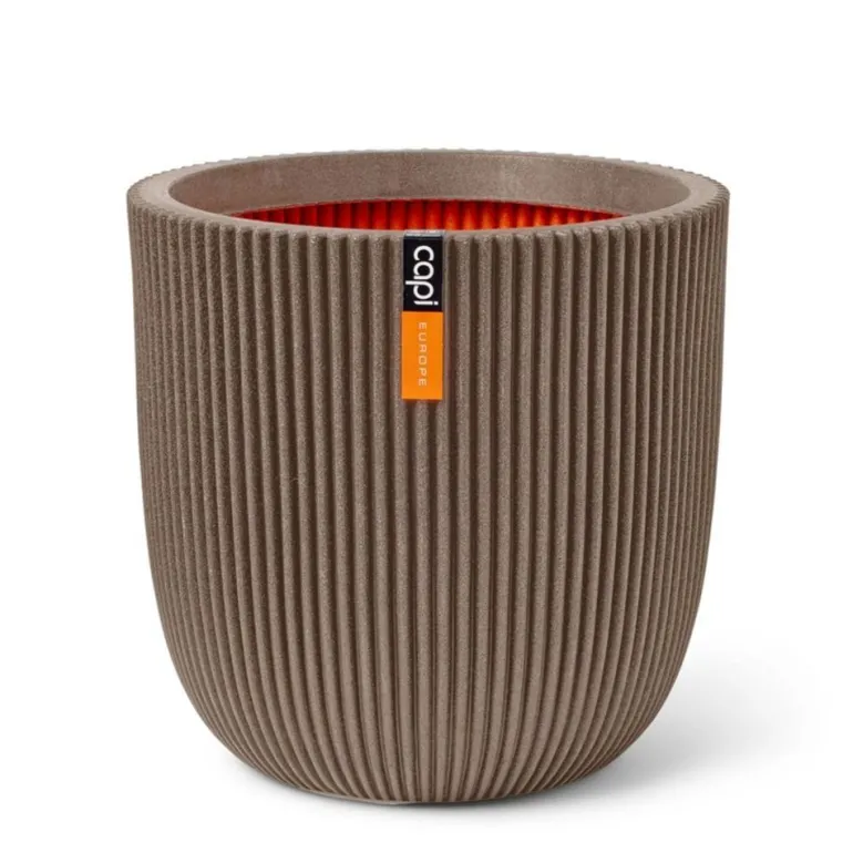 Indendørs plantekrukke i varm taupe med ribber - Ø.35cm + Ø.43cm + Ø.54