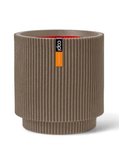 Indendørs rund plantekrukke i varm taupe med ribber - Ø.36cm + Ø.44cm