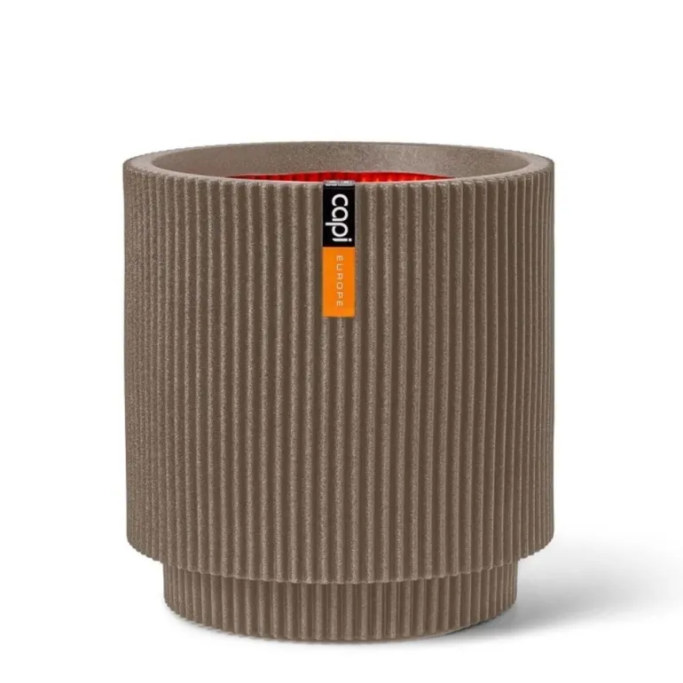 Indendørs rund plantekrukke i varm taupe med ribber - Ø.36cm + Ø.44cm