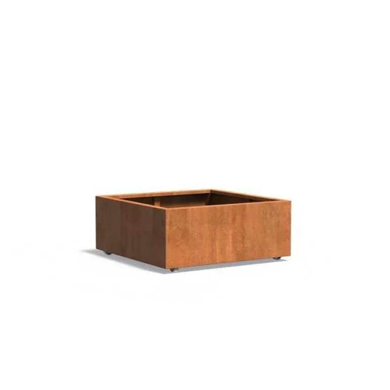 Lav firkantet plantekasse / plantekumme i corten stål med hjul - H.40cm