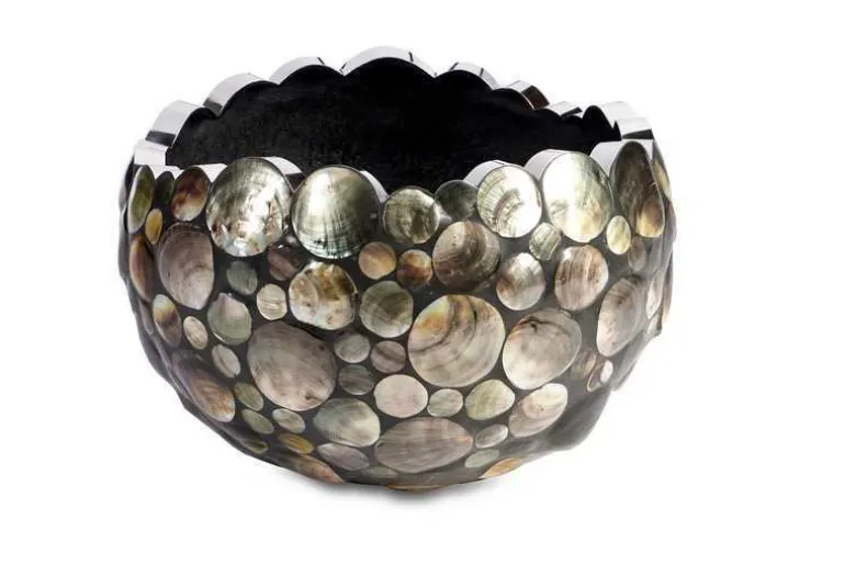 Rund krukke med rustfri stålkant og black lip shell - Ø.50cm
