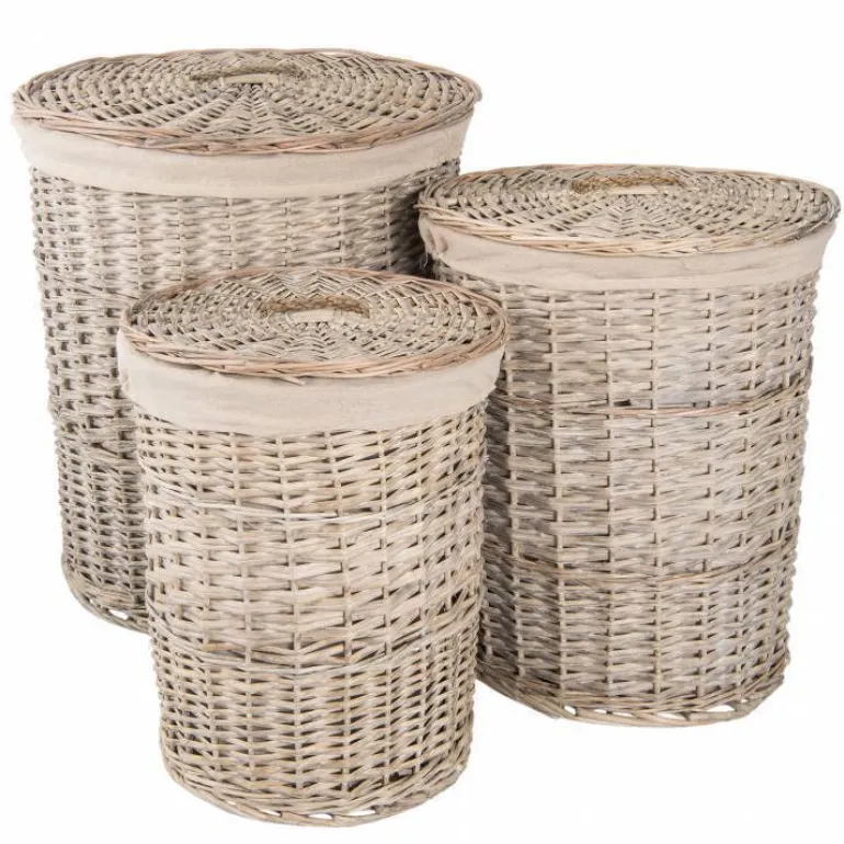 Runde flettede rattankurve med låg - 3stk
