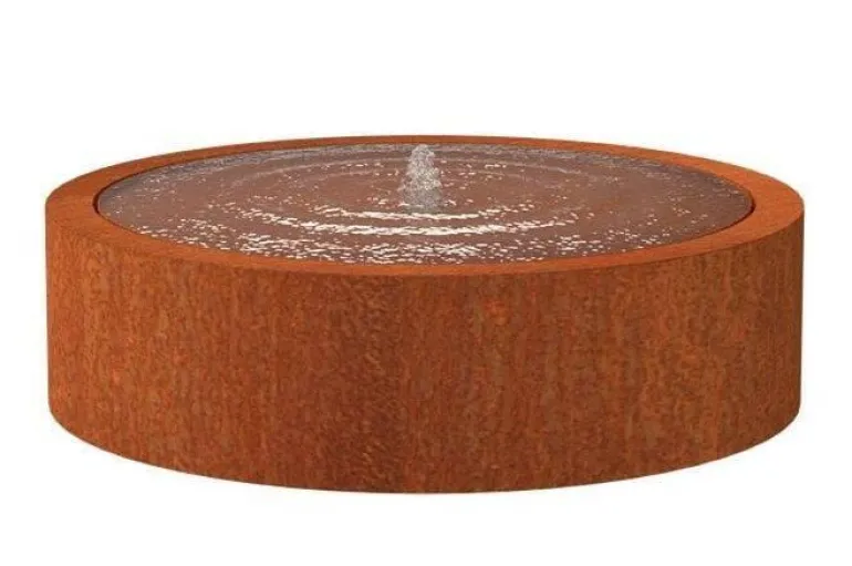 Runde lave cortenstål vandfontæner i rust med LED lys - H.40cm