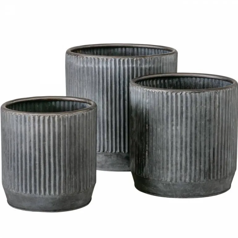 Runde plantepotter i metal med zink look og ribber - Sæt
