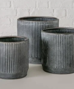 Runde plantepotter i metal med zink look og ribber - Sæt