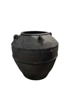Sort antik vintage Lerkrukke med ører og ornamenter - Ø.40cm