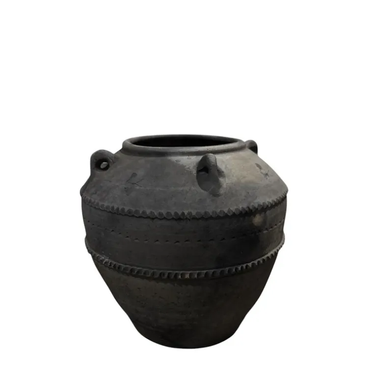 Sort antik vintage Lerkrukke med ører og ornamenter - Ø.40cm