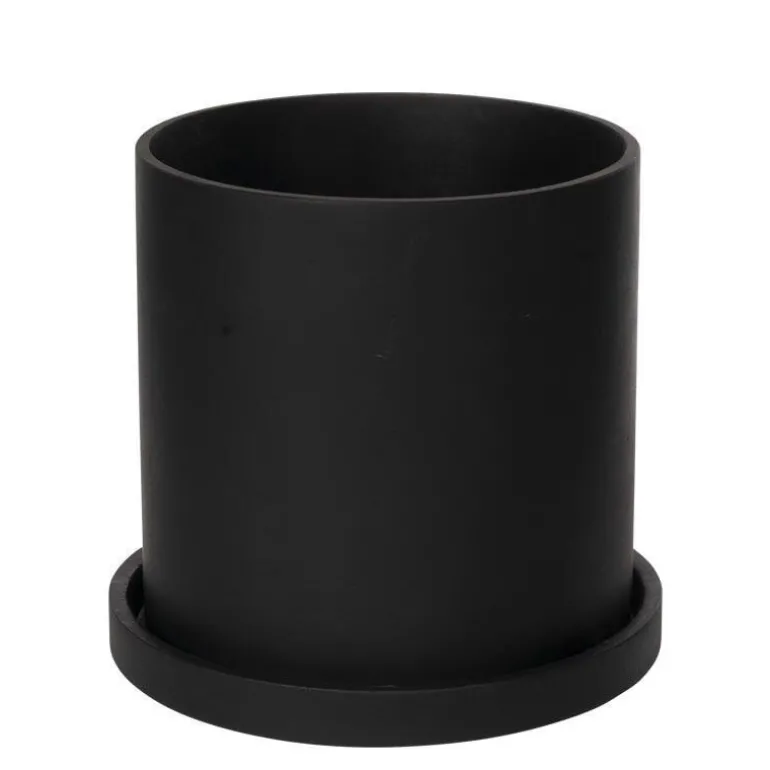 Sort Rockstone urtepotte med underfad / låg - Ø.15+18+20+23cm