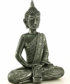Sort/sølv siddende Buddha figur med klæde