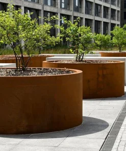 Store runde rustkrukker i corten stål - Ø.120 + Ø.150 + Ø.200 - MED BUND