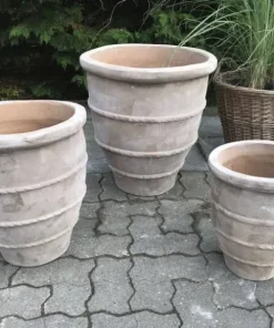Terracotta krukker i sæt - 3stk antik choko med deko bånd