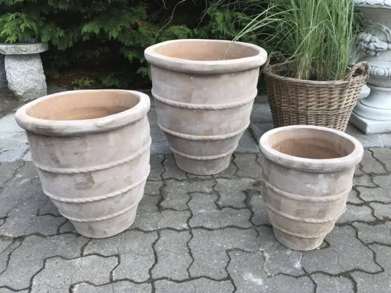 Terracotta krukker i sæt - 3stk antik choko med deko bånd