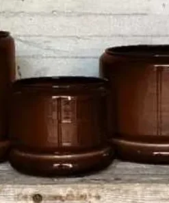 Upcycled plantepotter i metal - Sæt med 3stk - Kastanje + Gråblå + Flaskegrøn